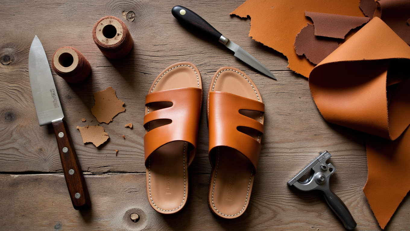A craftsman's workbench showing the process of how to make handmade shoes and sandals, with leather, tools, and a nearly finished sandal