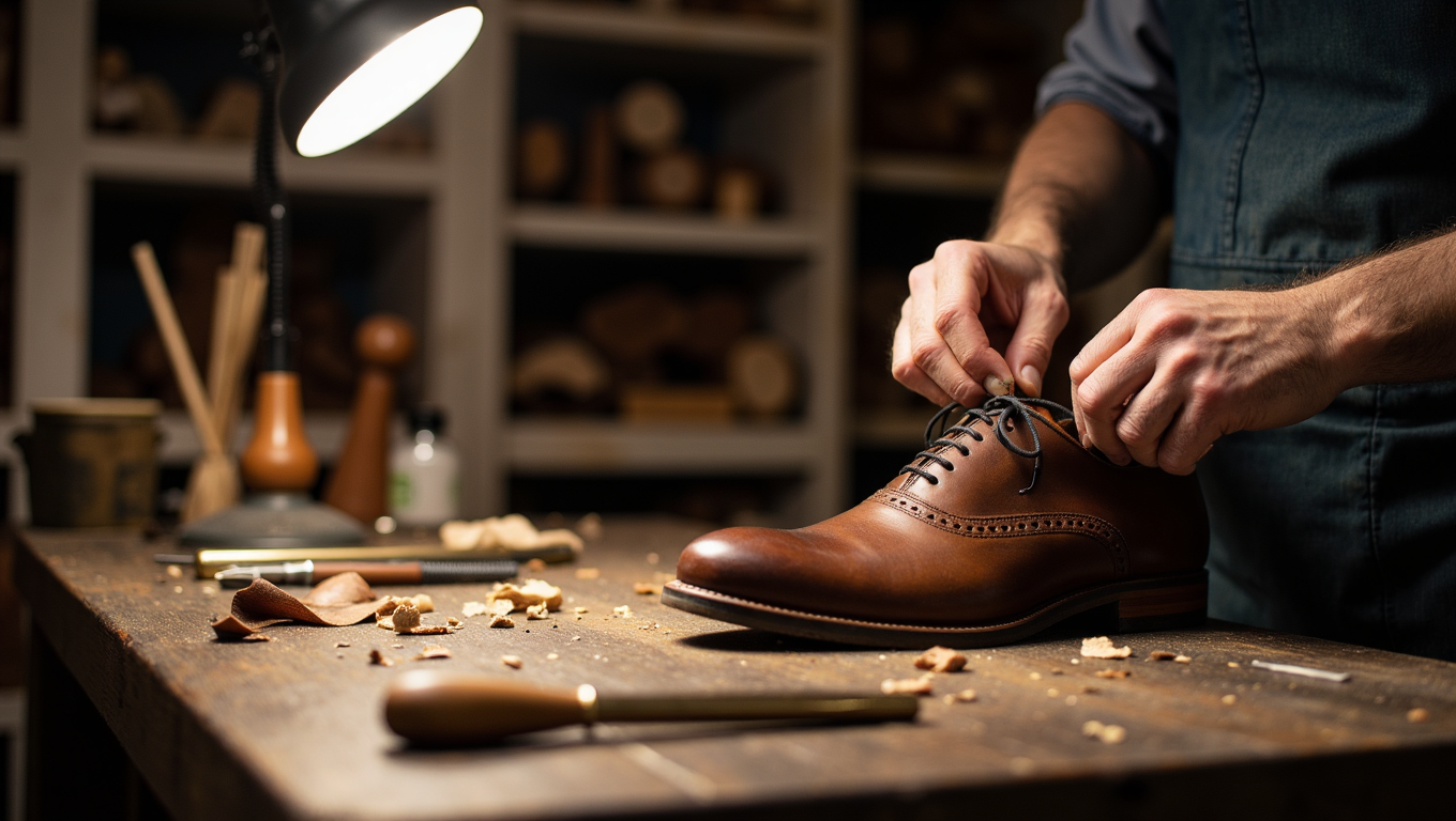 An artisan's hands meticulously hand-stitching a classic leather shoe, answering the question: are leather shoes handmade? and showcasing the intricate craftsmanship involved.