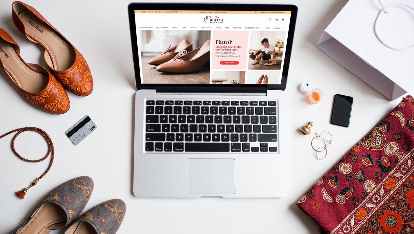 A laptop showing a website for online shopping in Pakistan for shoes, surrounded by a pair of beautiful handmade female shoes and shopping elements.