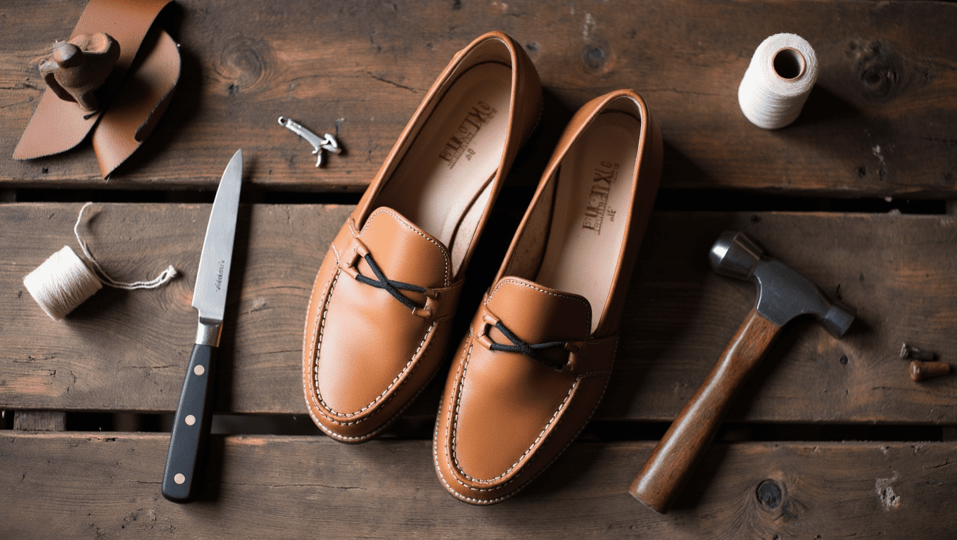An artisan's workshop showcasing a pair of exquisite handmade leather shoes in Pakistan, with tools and leather hides in the background.