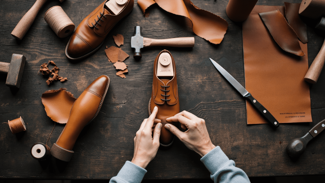 A pair of hands demonstrating how to make handmade shoes by stretching leather over a wooden last in a workshop.