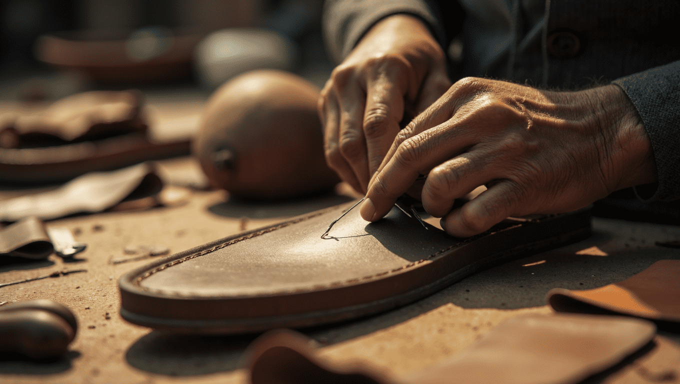 A Pakistani artisan's hands carefully crafting a pair of traditional handmade shoes in Pakistan, showcasing the detailed leather stitching. The Art of Handmade Leather Shoes in Pakistan | Rustam Blog