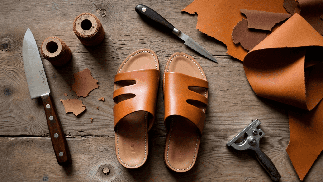 A craftsman's workbench showing the process of how to make handmade shoes and sandals, with leather, tools, and a nearly finished sandal
